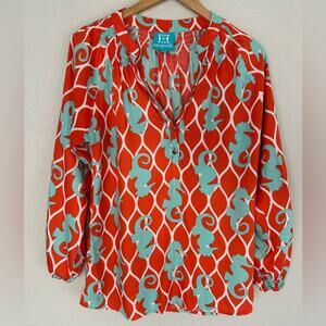 Escapada Seahorse Tunic Top Orange Blue Coastal Resortwear Vacation Beach Rayon